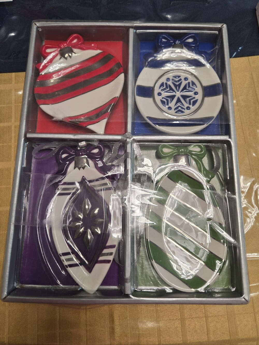 Holiday Ceramic Ornament Set - Red, Blue, Purple & Green